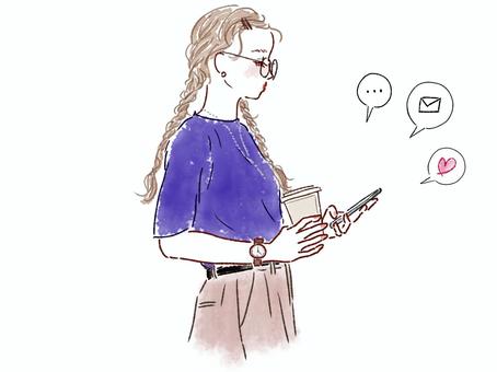 スマホを見てコーヒー持つみつあみ眼鏡女性 女性,みつあみ,めがね,スマホ,吹き出し,コーヒー,ハート,メール,画面,スクリーンのイラスト素材