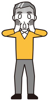  ニット中年男性(黄)-417-全身 慌てる,おじさん,男性,中年,お父さん,パパ,シニア,ミドルエイジ,人物,かわいいのイラスト素材