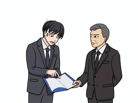 資料ミスを説明するスーツ男性と冷静な上司 資料,書類,ミス,説明,スーツ,男性,新人,部下,中年,上司のイラスト素材