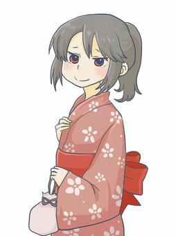 Illustration, female, yukata, ponytail, 