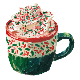クリスマスカラーのホットココア ホットチョコレート,クリスマス,マグカップ,ドリンク,厚塗り,油絵風,かわいい,白背景,手描き,カフェのイラスト素材