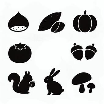秋シルエット2 栗,さつまいも,かぼちゃ,柿,どんぐり,うさぎ,リス,キノコ,シルエット,モノクロのイラスト素材