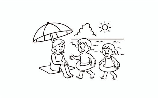 海水浴しているママと子供たち 人物,子供,ママ,海水浴,夏,浮き輪,太陽,パラソル,夏休み,砂浜のイラスト素材