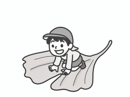 銀杏の葉っぱに乗って遊ぶ子ども 幼児,銀杏の葉,自然遊び,笑顔,モノクロのイラスト素材