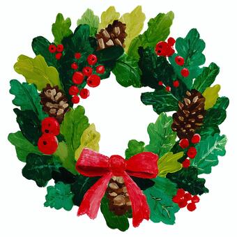 松ぼっくり入りクリスマスリース クリスマス,リース,松ぼっくり,リボン,木の実,厚塗り,絵具タッチ,手描き,デコレーション,オーナメントのイラスト素材