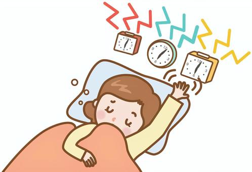 女性：起きられない 起きられない,睡魔,起床,寝坊,目覚まし時計,目覚まし,時計,眠い,睡眠,春眠のイラスト素材