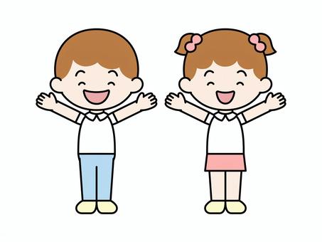 男の子と女の子バンザイ 子ども,男の子,女の子,小学生,幼稚園,学校,ポーズ,正面,全身,バンザイのイラスト素材