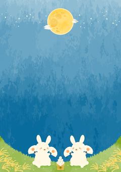 お月見を楽しむウサギたちの背景イラスト お月見,ウサギ,満月,秋,背景,風景,動物,植物,ススキ,自然のイラスト素材