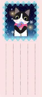 一筆箋　はちわれ猫とマフラー1 猫,はちわれ,子猫,動物,雪,結晶,マフラー,花,植物,カードのイラスト素材