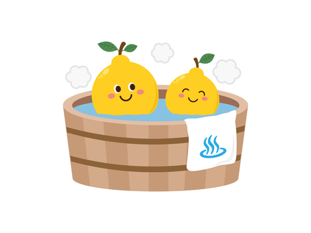 ゆず湯のイラスト4 ゆず湯のイラスト4 ゆず湯,柚子,冬至,柑橘,桶,湯気,果物,タオル,キャラクター,笑顔のイラスト素材