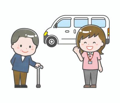 介護／送迎／笑顔の介護士と通所者 介護,福祉,高齢者,介護士,送迎,職員,スタッフ,ヘルパー,ドライバー,訪問介護のイラスト素材