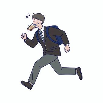 遅刻しそうでパンをくわえて走る男子学生 学生,高校生,中学生,男,制服,通学,遅刻,朝,走る,パンのイラスト素材