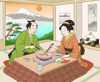 和室にこたつで鍋の正月　江戸時代風 正月,鍋,こたつ,江戸,窓,富士,松,海,鏡餅,コンロのイラスト素材