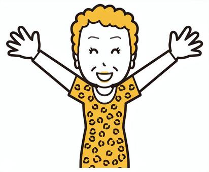  大阪のおばちゃん(黄)-083-バスト ばんざい,おばちゃん,大阪,ヒョウ柄,おばはん,中年,女性,関西,派手,おばさんのイラスト素材