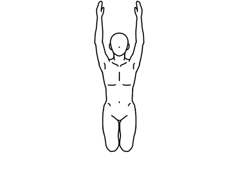 両腕を上げ足を閉じて膝立ちする人 膝立ち,バンザイ,正面,エクササイズ,線画,白黒のイラスト素材