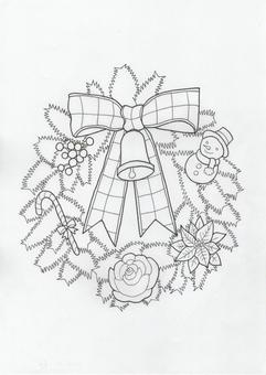 雪だるまのついたクリスマスリースの塗り絵 塗り絵,クリスマス,リース,雪だるま,ポインセチア,ベル,もみの木,12月,冬,杖のイラスト素材