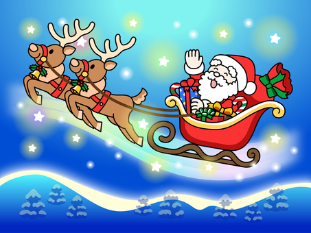夜空のサンタクロースとトナカイ クリスマス,サンタクロース,トナカイ,そり,プレゼント,聖夜,ジングルベル,夜空,冬空,雪山のイラスト素材
