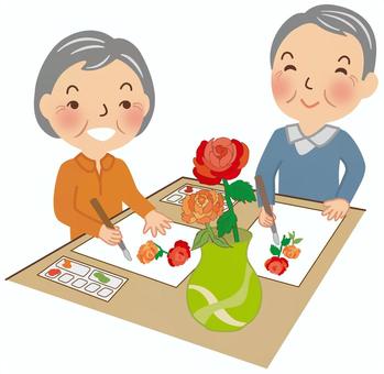 高齢者の絵画教室 絵画教室,シニア,花,花瓶,男性,女性のイラスト素材