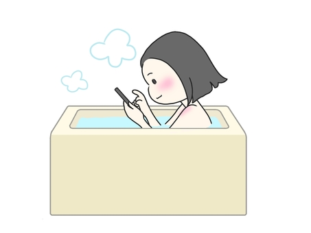 お風呂でスマホを見ている女の子 おふろ,入浴,リラックス,夜,のんびり,湯気,ひとり,温かい,お湯,ぽかぽかのイラスト素材