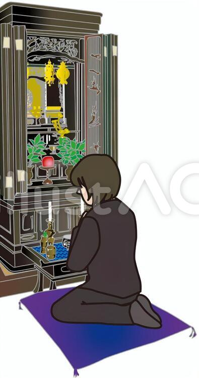 仏壇でお経を唱える人のイラスト 仏壇,唱える,拝むのイラスト素材