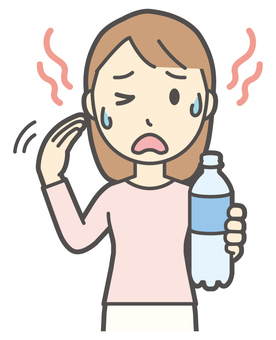  ロングヘア女性-092-バスト 暑い,女性,女の子,人物,かわいい,汗,ペットボトル,脱水症状,熱中症,飲み物のイラスト素材