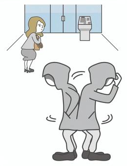 挙動不審な人物に恐怖を感じている女性 挙動不審,人物,不審者,怪しい,女性,警戒,恐怖,自動ドア,マンション,システムのイラスト素材