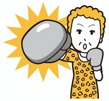  大阪のおばちゃん(黄)-035-バスト パンチ,おばちゃん,大阪,ヒョウ柄,おばはん,中年,女性,関西,派手,おばさんのイラスト素材