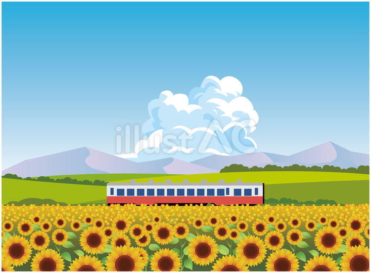 夏の田舎風景 夏,ひまわり,電車のイラスト素材