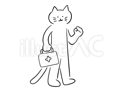 救急キットを持つ猫(モノクロ)