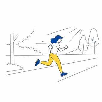 屋外を走る女性の後ろ姿全身イラスト素材 人物,女性,ランニング,走る,運動,スポーツ,健康,全身,社会人,白背景のイラスト素材