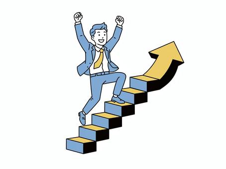 喜びながらステップアップするビジネスマン ステップアップ,成長,キャリアアップ,成功,目標達成,向上,飛躍,昇進,スキルアップ,自己啓発のイラスト素材
