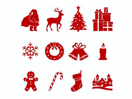 クリスマスのシルエットイラストセット赤 サンタクロース,サンタ,クリスマス,プレゼント,贈り物,トナカイ,歩く,全身,シルエット,アイコンのイラスト素材