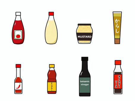 調味料各種セット2 ケチャップ,トマトケチャップ,マヨネーズ,粒マスタード,洋からし,和からし,ナンプラー,バルサミコ酢,ビネガー,バルサミコのイラスト素材
