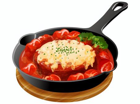 煮込みハンバーグ（スキレット）4 煮込みハンバーグ,ハンバーグ,トマトソース,洋食,料理,食べ物,チーズ,ひき肉,トマト,ブロッコリーのイラスト素材