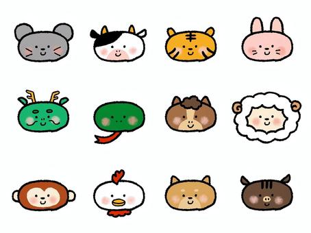 かわいい表情の干支のセット（カラーあり） ねずみ,うし,とら,うさぎ,たつ,へび,うま,ひつじ,さる,とりのイラスト素材