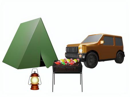 山キャンプのテントと車とランタンとBBQ キャンプ,夏,テント,キャンプ場,バーベキュー,bbq,串,肉,牛肉,野菜のイラスト素材