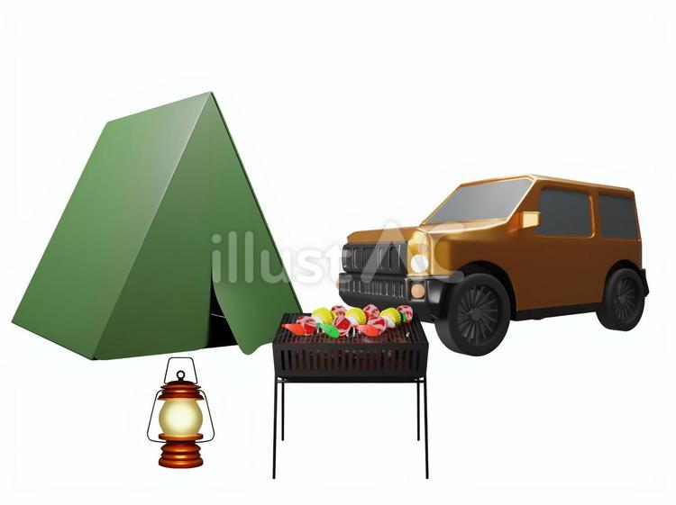 山キャンプのテントと車とランタンとBBQ キャンプ,夏,テントのイラスト素材