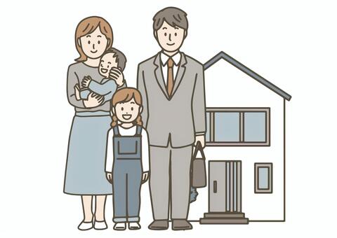 マイホームと４人家族の全身 家族,４人,全身,夫婦,子供,マイホーム,家,住宅,制服,笑顔のイラスト素材