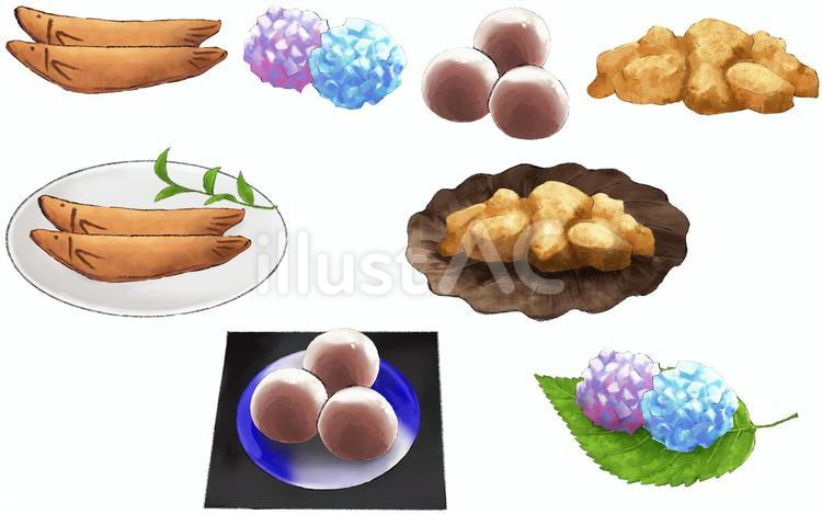 夏の和菓子４種（単品・皿に盛付け） 和菓子,若鮎,水饅頭のイラスト素材