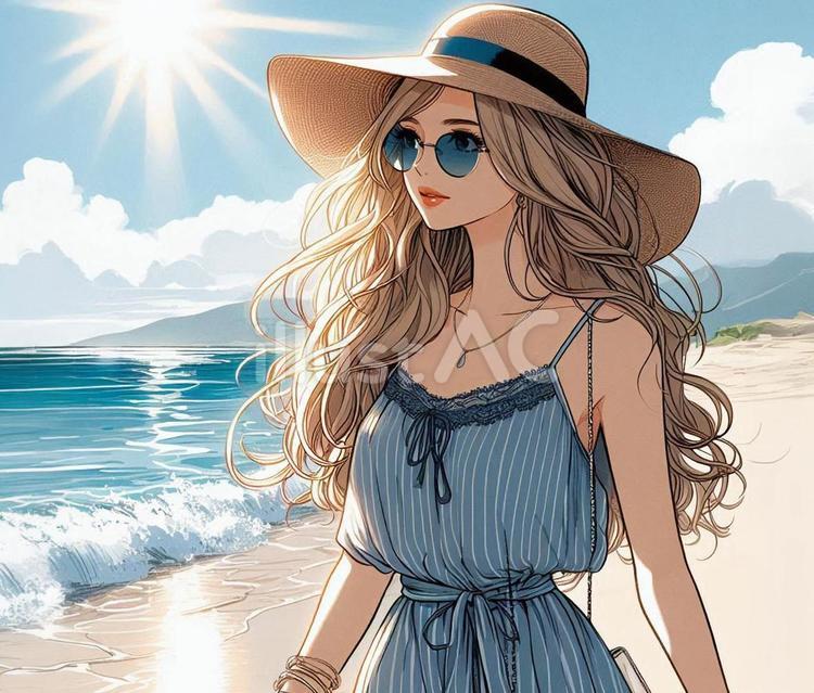 夏の浜辺の美少女 少女,金髪,ロングヘアーのイラスト素材