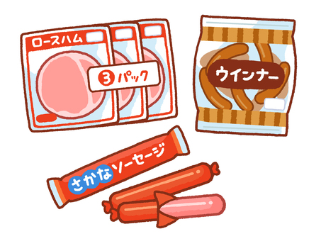 ウインナー、ハム、魚肉ソーセージのセット ハム,ウインナー,魚肉ソーセージ,ソーセージ,ウインナーソーセージ,弁当,食べ物,手書き,朝食,昼食のイラスト素材