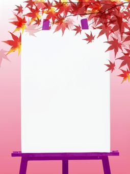 紅葉とイーゼル　リアル　fr123　縦 紅葉,もみじ,葉,イーゼル,キャンバス,リアル,ナチュラル,フレーム,ヤマモミジ,美しいのイラスト素材