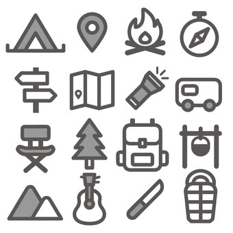 キャンプのアイコンセット キャンプ,レジャー,遊び,アウトドア,趣味,テント,寝袋,焚火,ポイント,現在地のイラスト素材