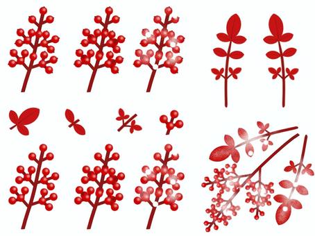 南天(素材集) 南天,ナンテン,果実,実,赤色,植物,枝,葉,雪,縁起物のイラスト素材