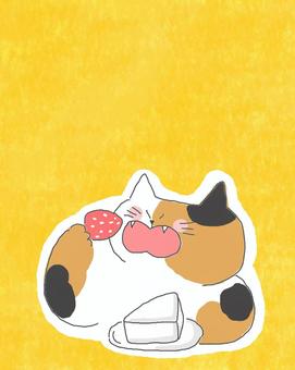 ショートケーキを食べる三毛猫ちゃん♪ かわいい,ショートケーキ,ケーキ,デザート,スイーツ,甘い,おやつ,食べ物,食べる,いただきますのイラスト素材