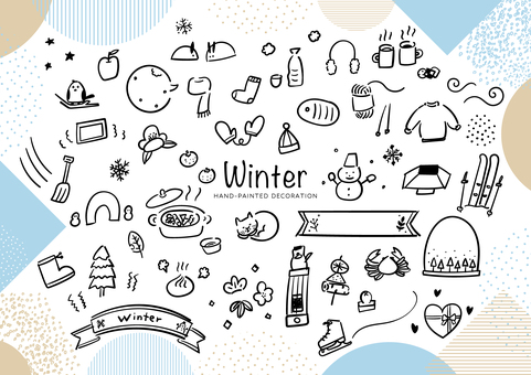 冬のあしらい線画イラスト素材 冬,12月,1月,2月,あしらい,手描き,線画,モノクロ,イラスト,素材のイラスト素材