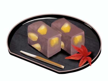 栗蒸し羊羹（黒2） 羊羹,蒸し羊羹,栗,菓子楊枝,お盆,小豆,食べ物,和菓子,菓子,おやつのイラスト素材