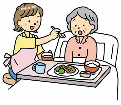 食事介助　女性と高齢者 食事介助,介護士,ヘルパー,おばあさん,高齢者,シニア,介護ベッド,食事,女性,介護のイラスト素材
