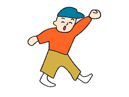 カラフルな手描きの男性 楽しい,カラフル,手,上げる,歩く,ウキウキ,嬉しい,笑顔,ニコニコ,にっこりのイラスト素材