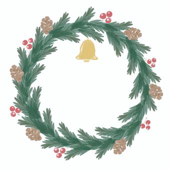 シンプルなクリスマスリース クリスマス,リース,冬,松ぼっくり,赤い実,ベル,手描き,水彩風,水彩,ナチュラルのイラスト素材